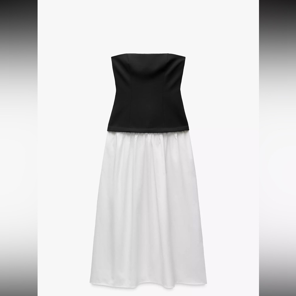 Zara Black and White Strapless Dress midi